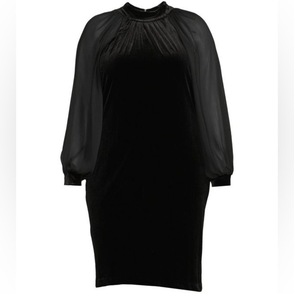 New Calvin Klein Velour Velvet Black Puff Sleeve Knee Dress 18W Whimsygoth Holid - Picture 3 of 11